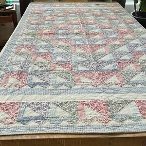 Antique Flour Sack Blue Red Patchwork Handmade Quilt 79" x 61" Hand Quilted